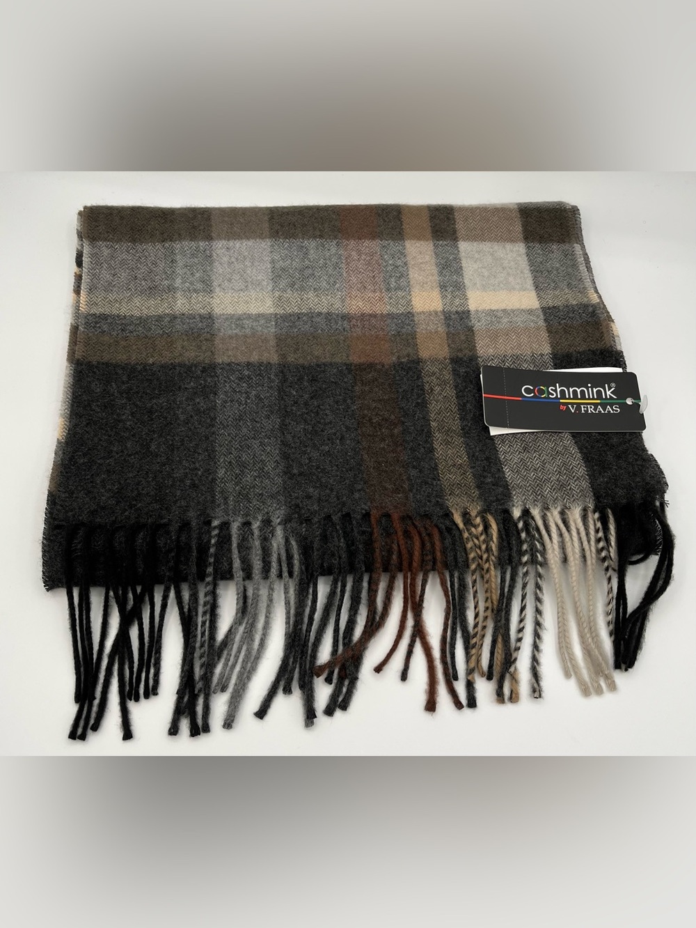 V. FRAAS Plaid Fringe Scarf in Gray, Brown and Cream